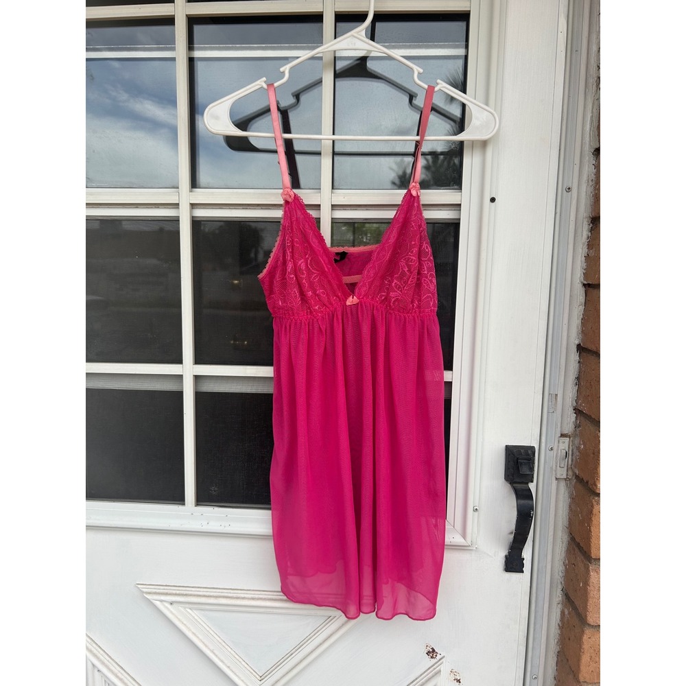 Petit Noir Hot Pink Lace Mesh Babydoll Chemise Lingerie Nightie Bow Coquette S